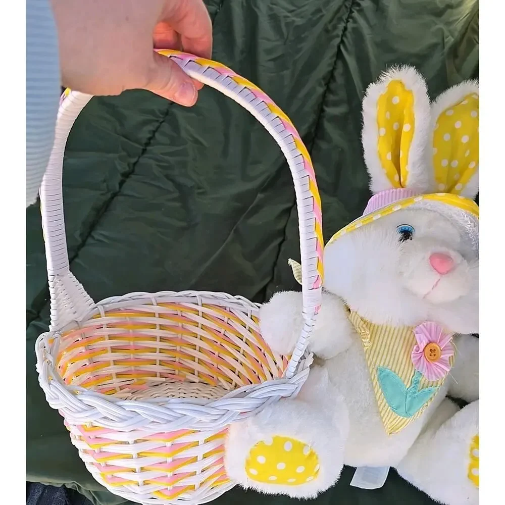 Vtg Easter Bunny Plush Rabbit Wicker Basket Set White Yellow Polka‎ Dot 90s Y2K